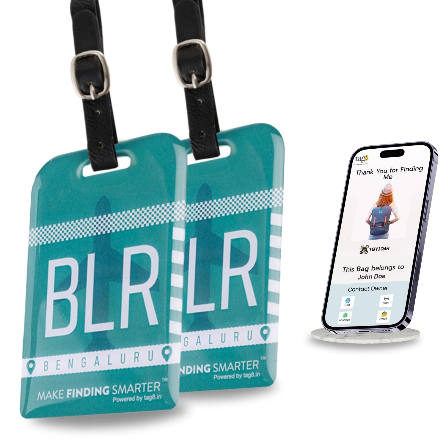 Bengaluru BLR city-themed smart bag security tag with QR code by tag8
