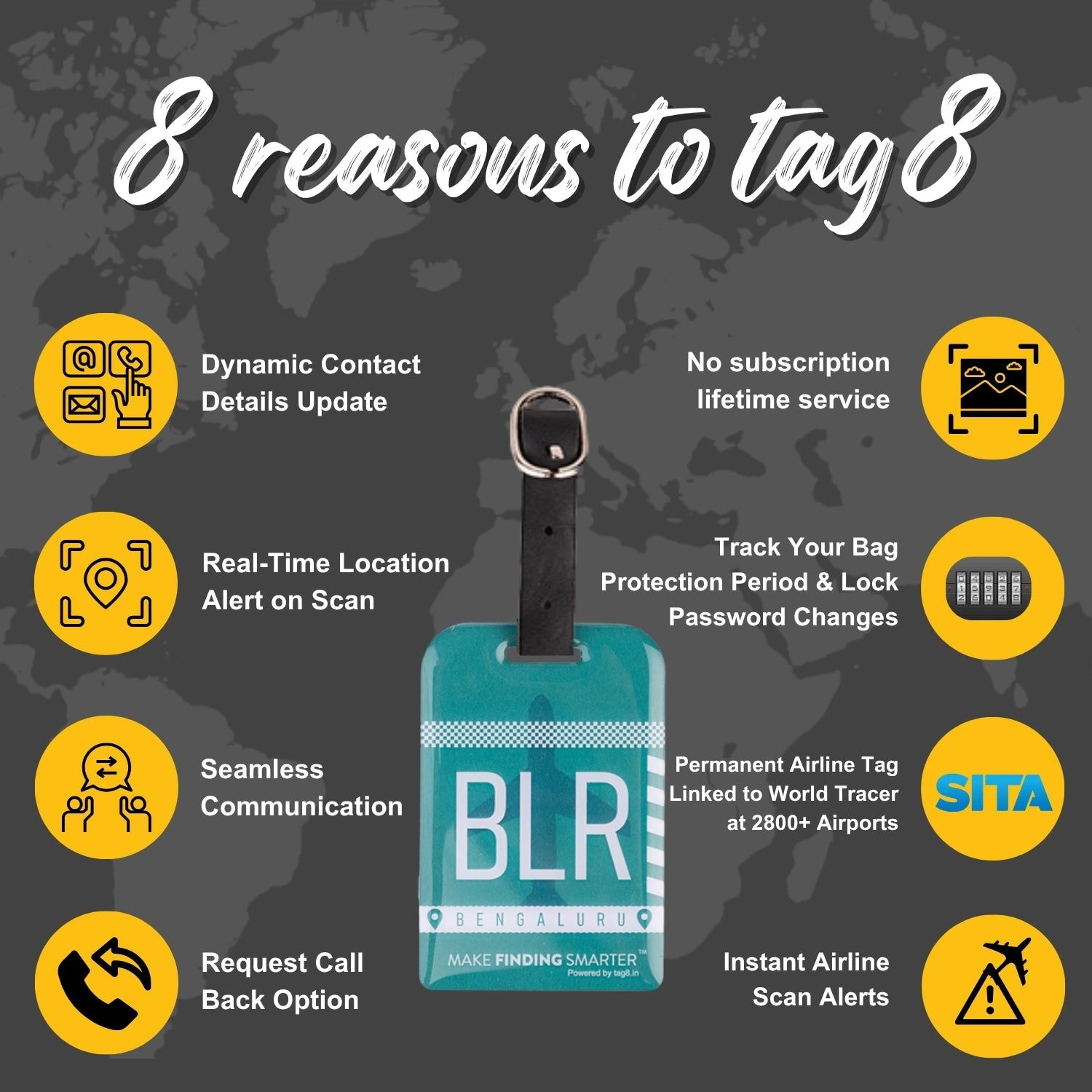 Bengaluru BLR city-themed smart bag security tag with QR code by tag8