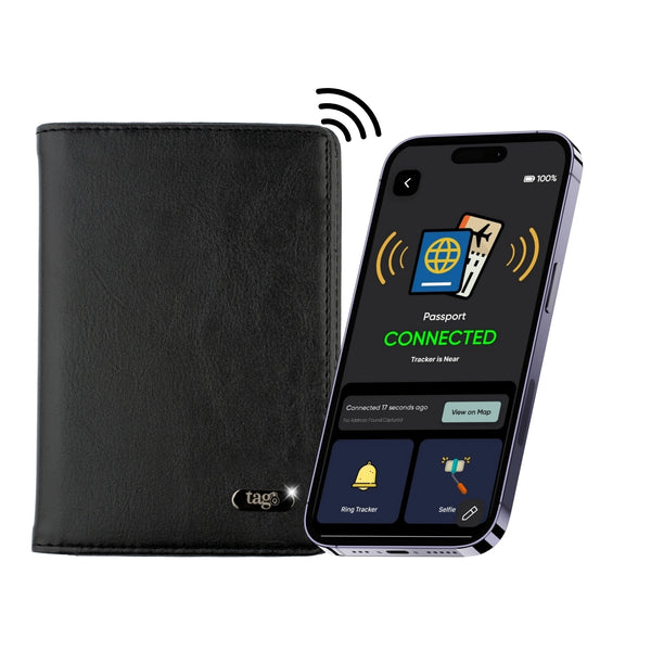 tag8 Dolphin Smart Leather Passport Tracker with premium leather case for secure and smart travel tracking