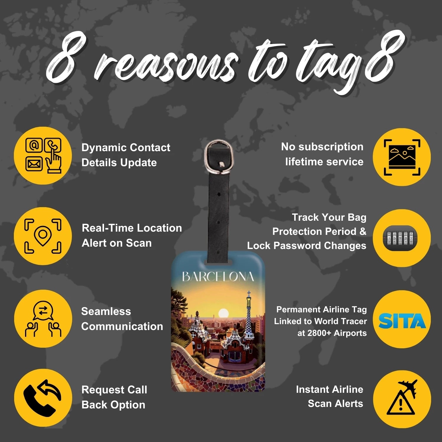 Barcelona QR Bag Tag by tag8 for luggage safety