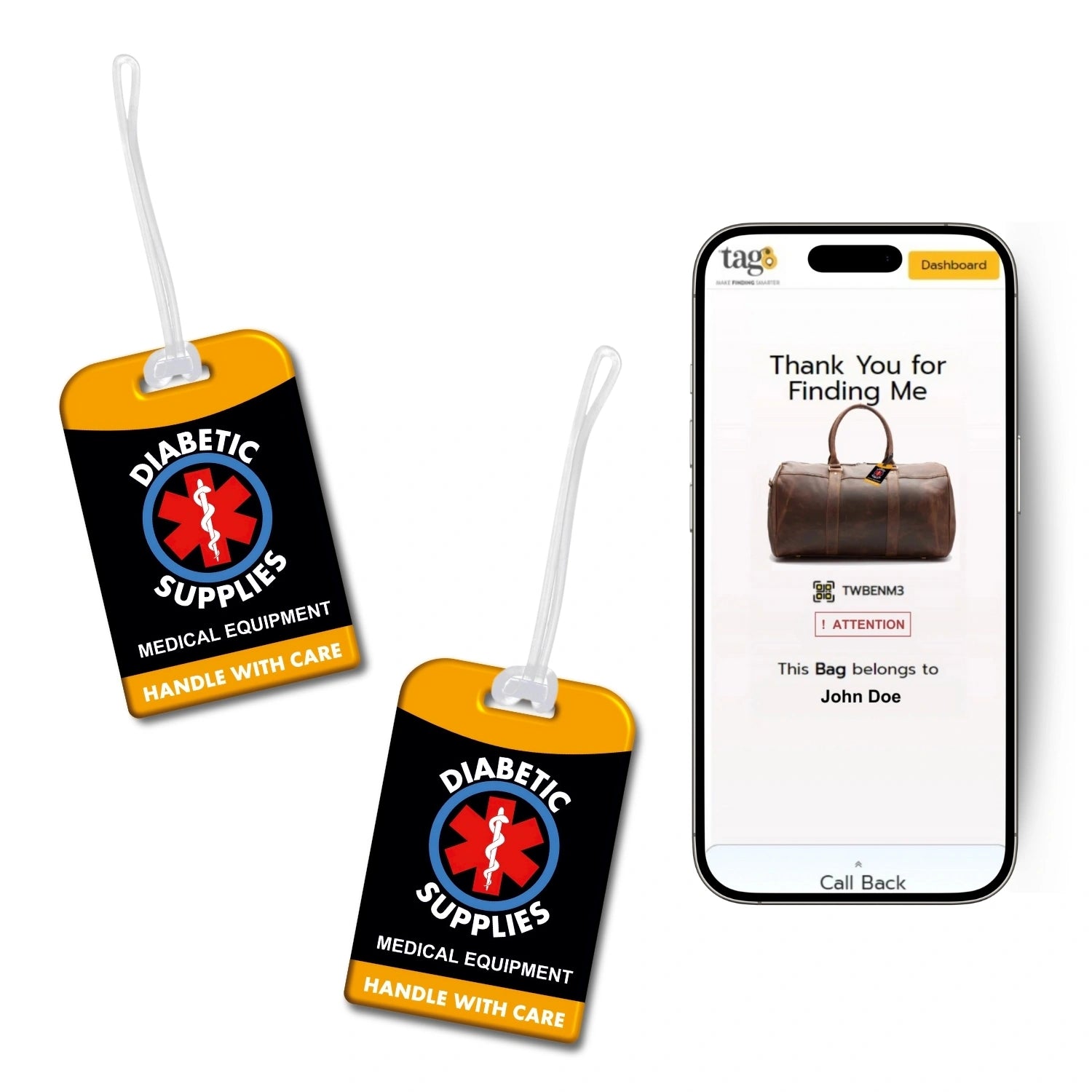 Diabetic QR Bag Tag by tag8 for luggage tracking