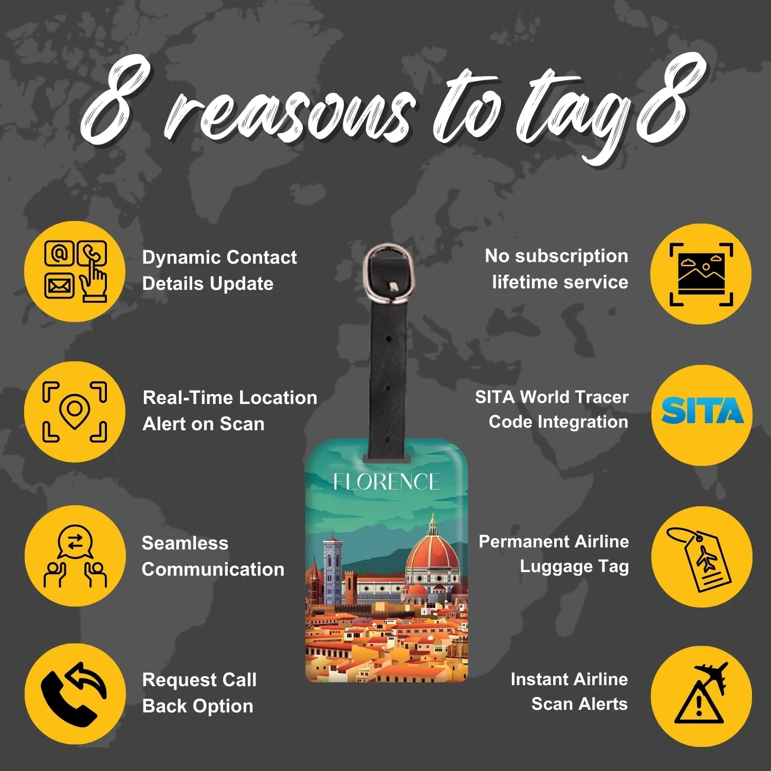 Florence QR Bag Tag by tag8 for bag tracking