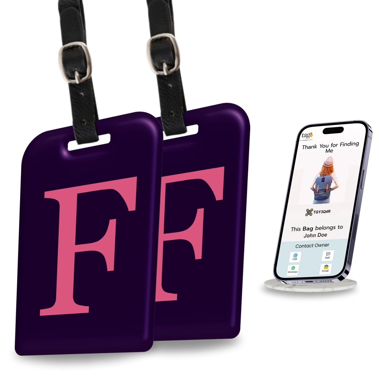 QR tag for bag with initial F