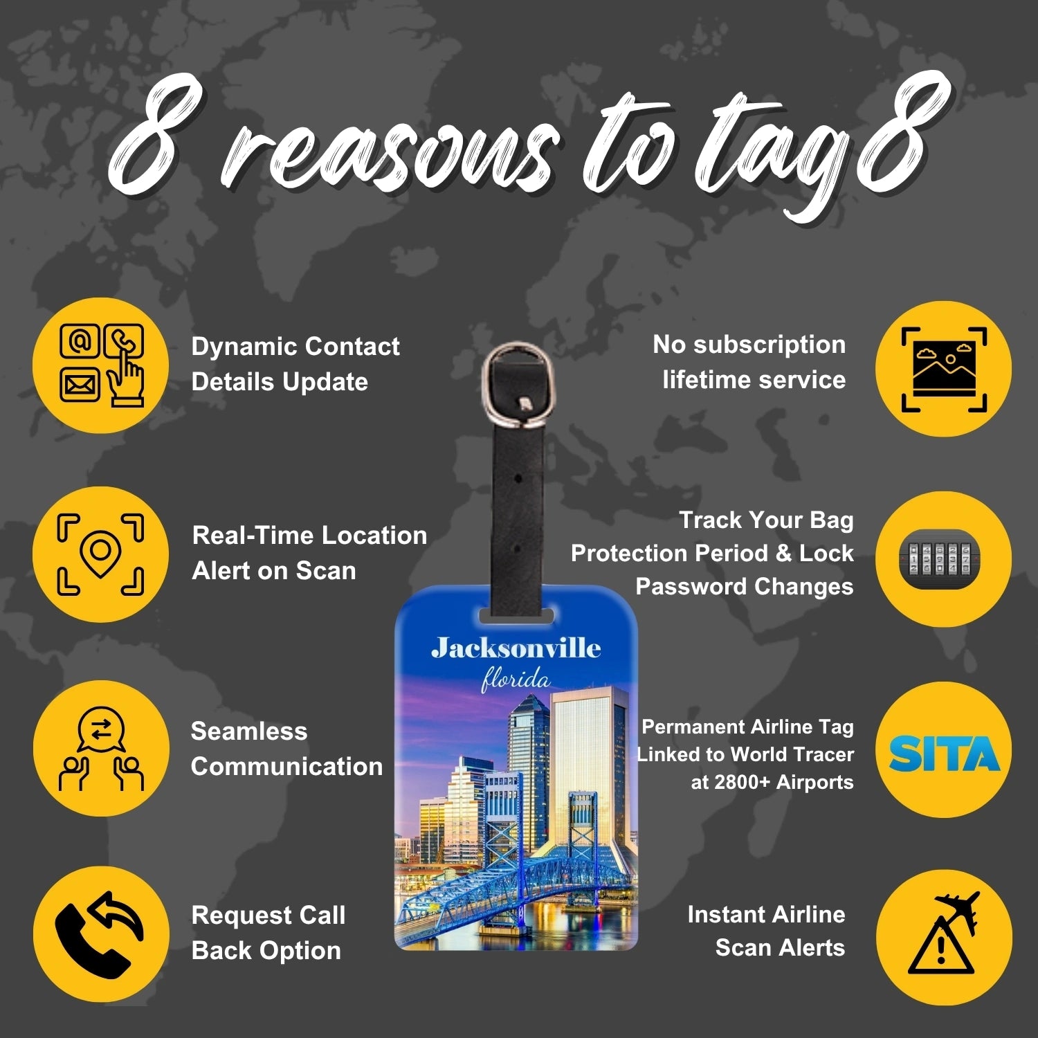 tag8 Jacksonville FL Bag Tag with elegant design and smart QR code for hassle-free identification and lost & found assistance