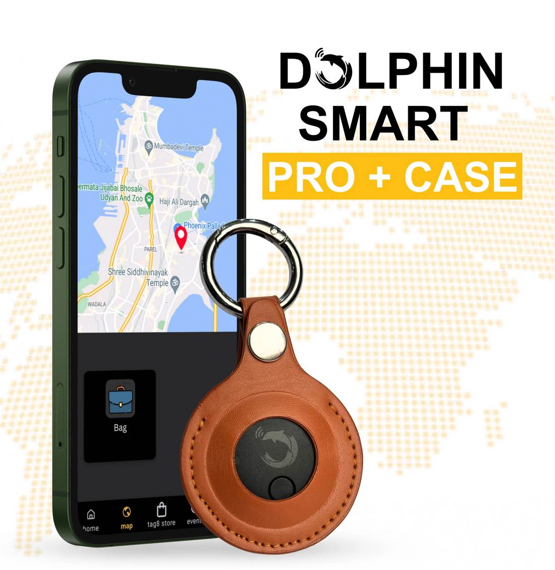 tag8 Dolphin Smart Bluetooth Tracker Pro with premium leather case for advanced tracking and security