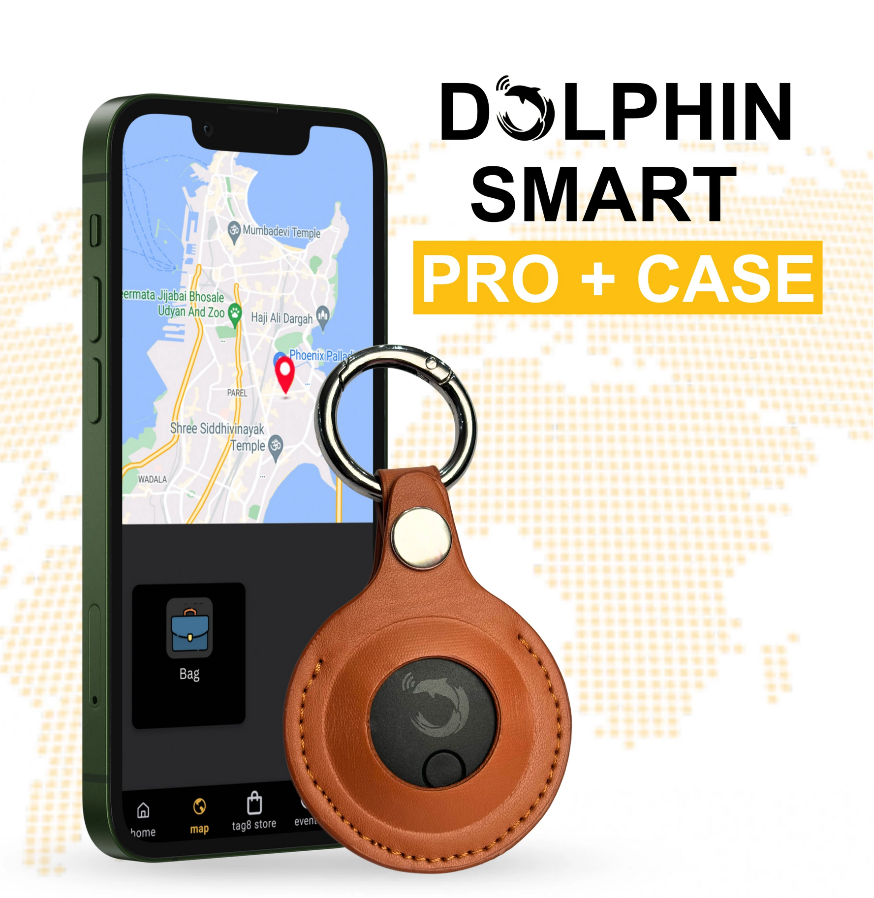 tag8 Dolphin Smart Bluetooth Tracker Pro with premium leather case for advanced tracking and security