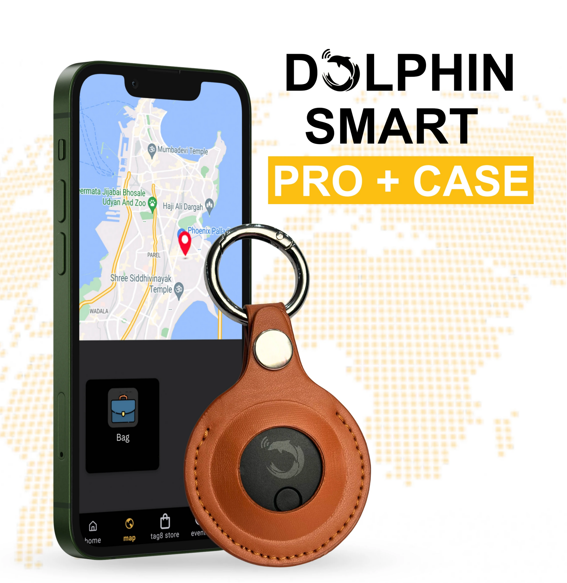 tag8 Dolphin Smart Bluetooth Tracker Pro with premium leather case for advanced tracking and security