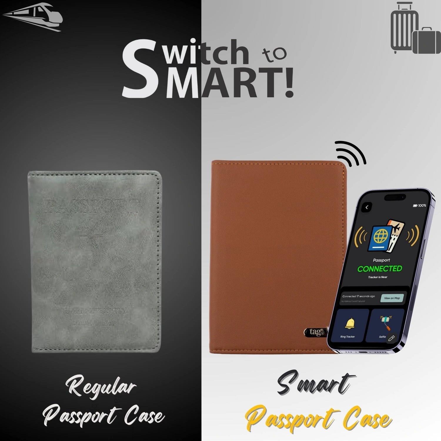 tag8 Dolphin Smart Leather Passport Tracker with premium leather case for secure and smart travel tracking