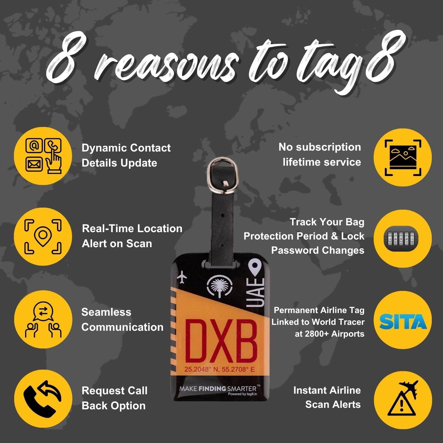 Dubai DXB city-themed smart bag tag with QR code by tag8