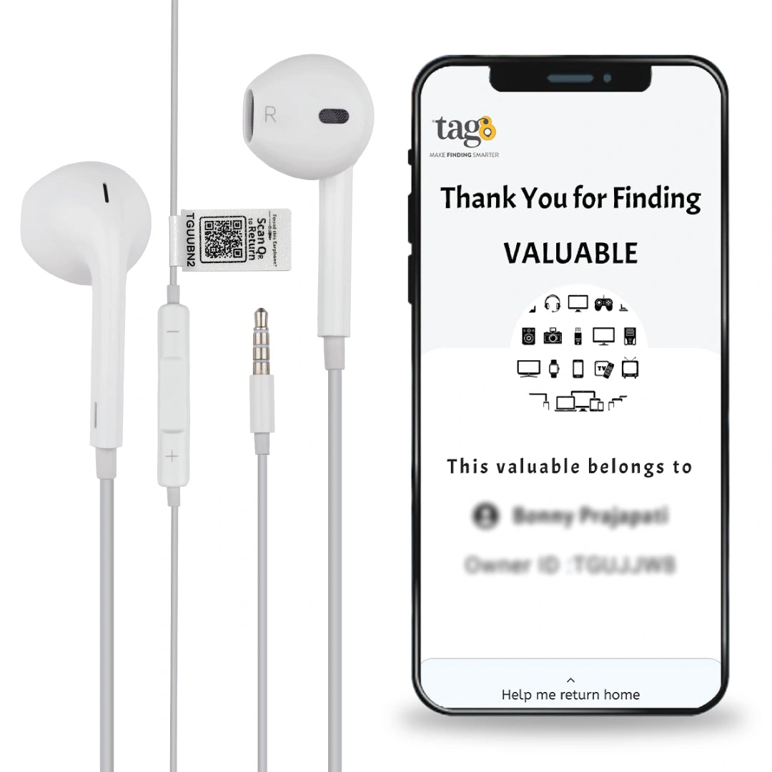 Tag8 earphones with QR code for quick identification