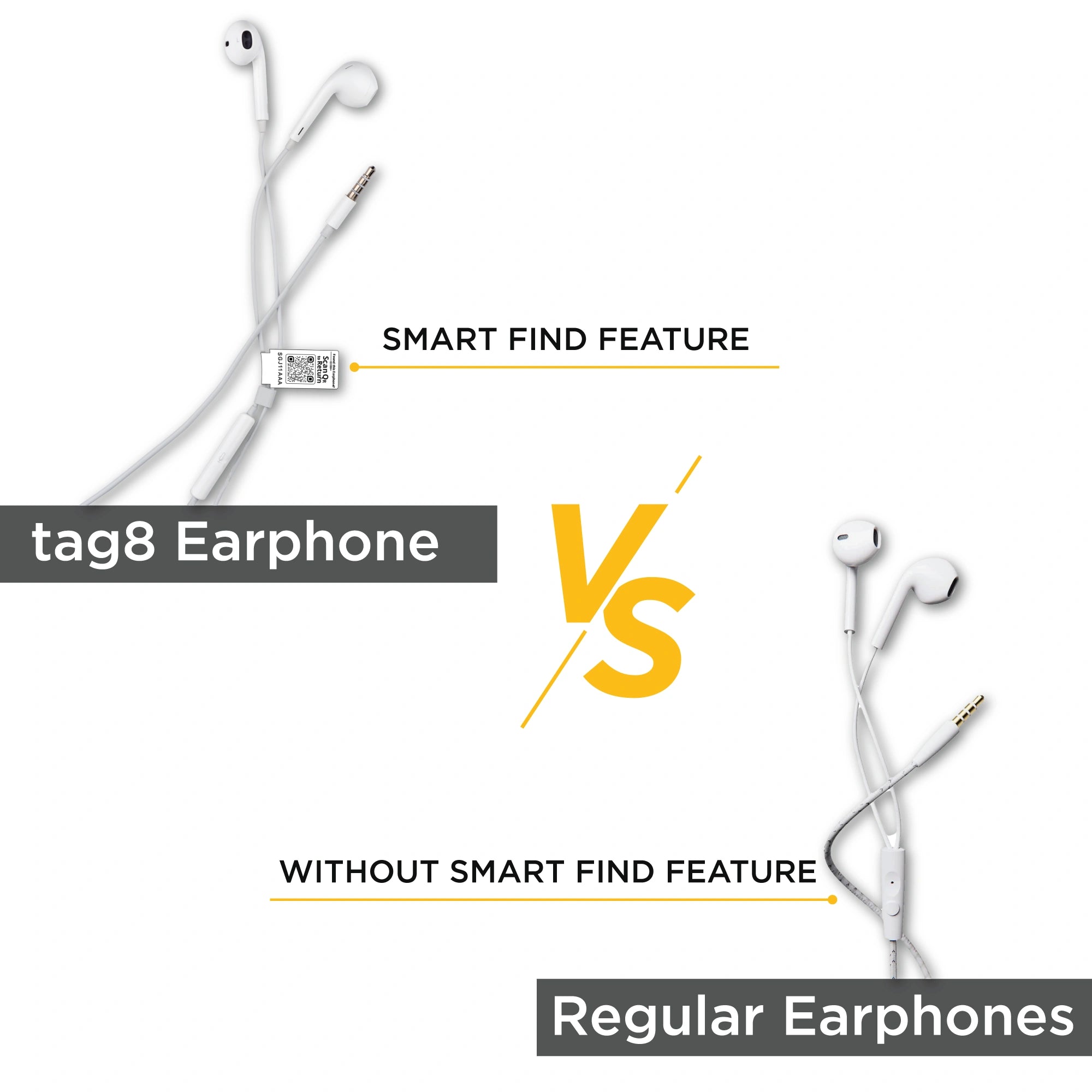 Tag8 earphones with QR code for quick identification