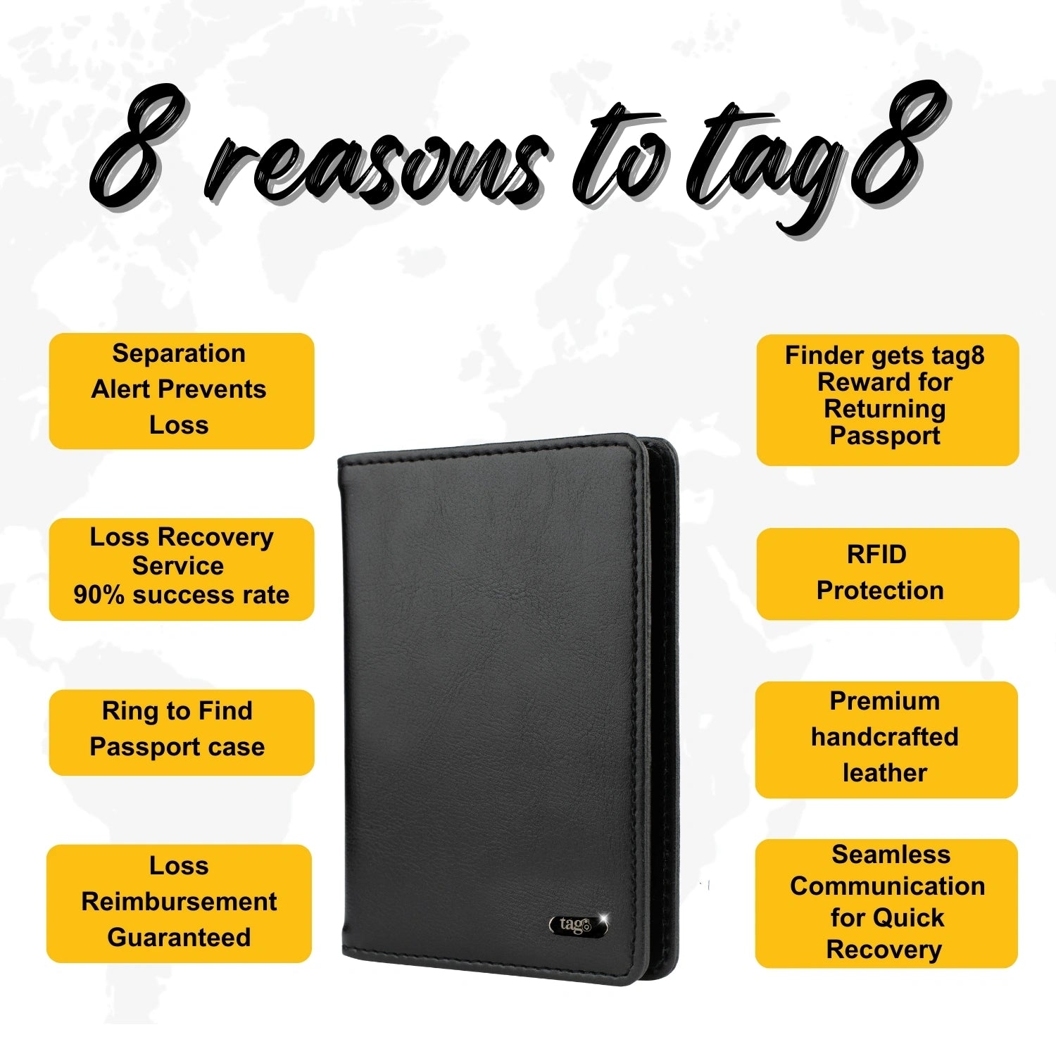 tag8 Leather Passport Combo with premium leather case and smart tracking for organized travel