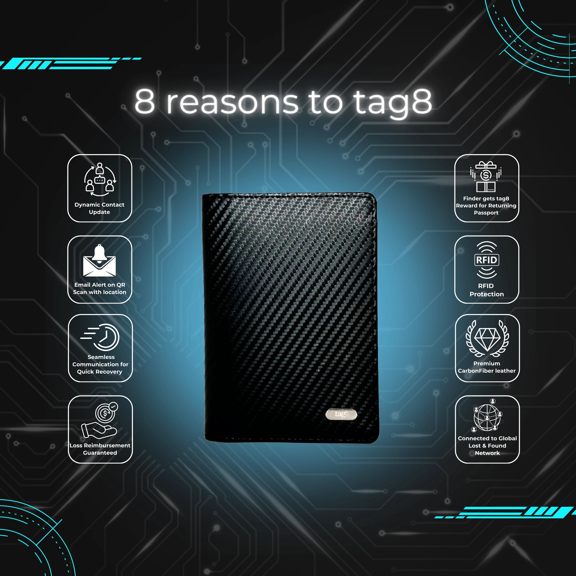 tag8 Passport Tracker with durable carbon fiber case for secure travel