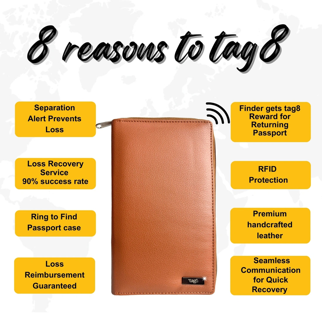 tag8 Smart Family Passport Tracker in tan color with advanced tracking for family travel