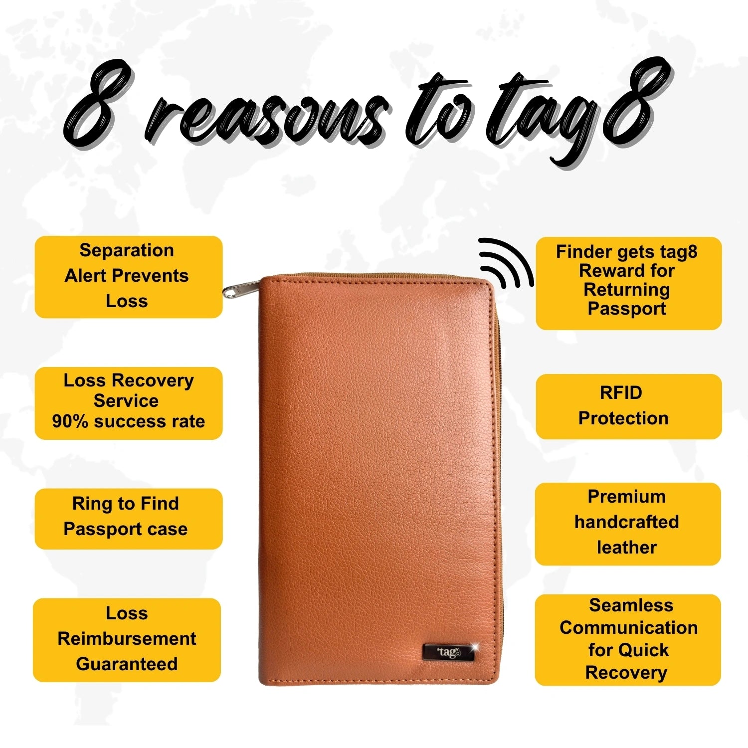 tag8 Smart Family Passport Tracker in tan color with advanced tracking for family travel
